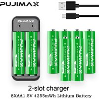 PUJIMAX Lithium-ion Rechargeable Batteries for Clock Radio Video Game 1.5V AA 4255mWh AAA 1100mWh Batteries Charger+Data Cable