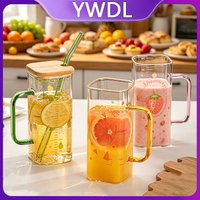 350ml Cute Fruit Pattern Glass Water Bottle with Bamboo Lid And Straw High Borosilicate Mug with Handle Drinkware