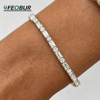 FEOBUR 3mm Round Emerald Cut Moissanite Tennis Bracelets for Women 925 Sterling Silver Lab Diamond Bangle Bridal Wedding Jewelry