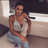 Sexy Low Cut Backless Shiny Rhinestone Crop Tank Tops For Lady Women Hollow Out Halter Metallic Sequined Solid Party Tube Top