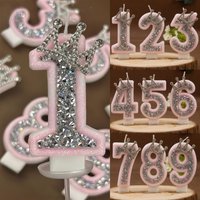 Digital Candles 0-9 Pink Silver Rhinestone Crown Creative Cake Decorative Birthday Candles