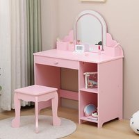 Kids Vanity with Lighted Mirror & Stool,Little Girls Vanity and Wooden Makeup Playset with LED,Storage Drawer &Shelves for Girls