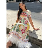 Women Floral Print Feather Hem Maxi Dress Short Sleeve Loose Fit Tassel Hem Elegant Boho Fashion Casual Lady Summer Dress 2026