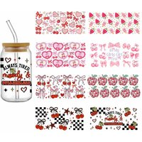 UV DTF Pink Fruit Cherry Bow Transfer Sticker For 16oz Glass Libbey Cup Wraps Can Bottle Selfadhesive Washable DIY Custom