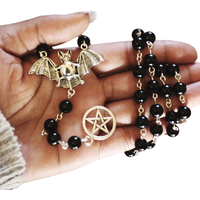 Dark Style Artificial Pearl Bead Long Sweater Chain Vintage Bat and Pentacle Pendant Necklace for Women or Men