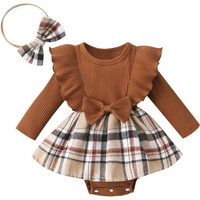 Infant Girl Rompers Dress Plaid Rib Knit Ruffles Long Sleeve Skirt Hem Jumpsuits Newborn Clothes Baby Bodysuits with Headband