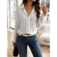 Retro Soft Style Solid Color Shirt with Hollow Collar for Women Spring Autumn Casual Versatile Long Sleeve Top