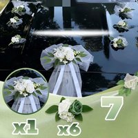 7pcs/set Wedding Car Door Handle Mirror Flower Set Ribbon Bows White Artificial Rose Just Married Car Decor Accessories