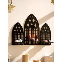 3 Pcs Gothic Wooden Hollow Wall Decor,Vintage Cathedral Arch Frame Floating Wall Shelf,Goth Room Decor Rustic Spooky Decor Gifts