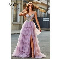 Avery Custom A Line Purple Flower Spaghetti Straps Women's Wedding Evening Dress for Event Party Long Dress 2026 Woman Dresses