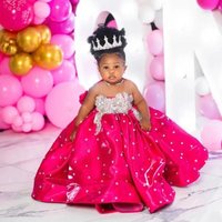 Pink Flower Girl Dress For Wedding Beading Sleeveless Puffy Floor Lenght Kids Birthday Gowns Luxury Princess Dress Custom