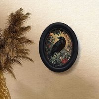 1 Piece of Bohemian Vintage 3D Crow and Floral Wooden Picture Frame Wall Art, Artificial Wood Oval Decoration for Home and Office, Halloween and Thanksgiving Holiday Decoration, Bohemian Style