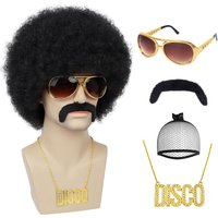 Synthetic 50s Disco Rock Wig with Glasses and Necklace Black Singer Rocker Costume Wigs for Men 60s for Halloween Christmas