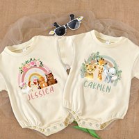 Personalised Rainbow with Name Bubble Romper Infant Jungle Birthday Party Clothes Baby Oversized Bodysuit Cute Wild One Jumpsuit