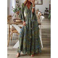 Women Dress Bohemian Beach Maxi Autumn Casual V-Neck Long Sleeve Dresses Female Vintage Floral Print Longuette Grace Temperament