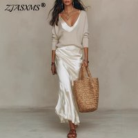 Women V Neck Long Sleeve Knitted Sweater and Satin Long Dress Suit 2026 Spring Solid 2 Piece Outfits Elegant Vacation Sets Mujer