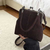 Large Capacity Retro Frosted Handbag Kiss Lock Short Handle Leather Crossbody Bag Clip Closure PU Clutch Shoulder Bag