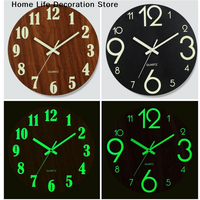 【TG】8/12 Inch Luminous Wall Clock Wood Silent Light In Dark Night Nordic Fashion Wall Clock Non Ticking Clock With Night Light