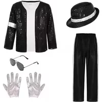 Cosplay Costume Kids Boy Michael Jackson Billie Jean Black Set Dance Disco Fancy Dress Up Top Pants Hats Gloves Christmas Party