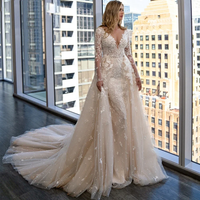 Elegant Ivory Mermaid Wedding Dress Detachable 2-In-1 Chiffon Decal Women's Wedding Dress Sexy V-Neck Bridal Gown Customized