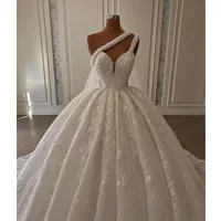 Customized Luxury Ball Gown Wedding Dresses Sleeveless V Neck Sequins Appliques One Shoulder Bridal Gowns Formal Dress Plus Size