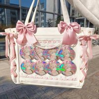 WG Ribbon Y2K Itabag Lolita Kawaii Japanese Manga PU Tote Bag Transparent PVC Double Unit Large Capacity Zipper Shoulder Bag New