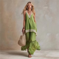 Women Vintage Boho Vacation Summer Solid Two Piece Set Casual Lace Trim V-Neck Sleeveless Loose Vest Top With Ruffle Skirt Suit