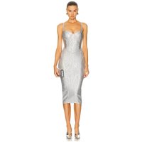 Sexy Spaghetti Strap V Neck Sliver Foil Bandage Dress Women Sleeveless Bodycon Midi Dresses Elegant Evening Party Runway Gowns