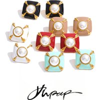 Yhpup Multi-Color Enamel Simulated Pearls Square Stud Earrings Stainless Steel Daily Wear Fashion Spring Jewelry Waterproof Gift