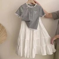 4-14Y Kid Girls Skirts Outfits RAISE Summer Bow Lace Junior Girls Short Sleeves Suits Children Girl Long Skirts 2PCS Clothes Set