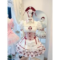 Summer New Sweet Cute Cos Nurse Uniform Bubble Sleeve Square Collar Top High Waist Puffy Skirt Two Piece Set Women