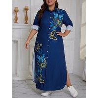Plus Size Women's Vintage Chic Floral Print Long Sleeve Shirt Dress