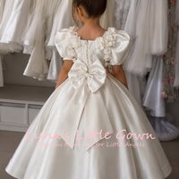 Ivory White Satin Puff Short Sleeve Flower Girl Dress 3D Floral Corset Back Big Bow Kids Wedding Long Gown Customized