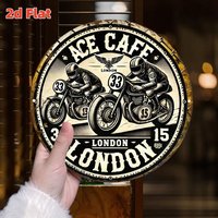 2D Flat, Vintage London Motorcycle Cafe 2D Flat Metal Sign - 19.81cm Round Aluminum Wall Art with Racing Scene, Durable Indoor/O