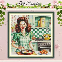 The Girl in Green Checked Apron Patterns Counted Cross Stitch Set 11CT 14CT 16CT Stamped Cross-stitch Kit Embroidery Needlework