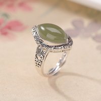 Natural Hotan Jade Green geometry horse-eye rings for women silver 925 Hollow Ruyi Exquisite Ring adjustable Wedding Jewelry