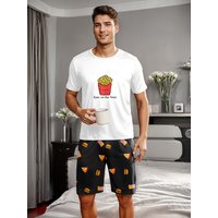 Men's casual pajama set, fries-printed T-shirt and shorts, comfortable summer sleepwear