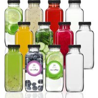Glass Drink Bottles, 12OZ Vintage Square Water Bottles with Lids, Juice Bottles Beverages Containers for Milk, Kombucha, Smooth