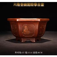 Purple Sand Hexagon Bonsai Pot,Small Vase, Traditional Chinese Handmade Painting,Home, Office, Desk, Table, Garden Decoration