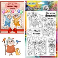 Happy Funny Old Lady Clear Stamps Cat Balloon Transparent Handicraft Stamps for Scrapbooking Photo Album Decorative 6.3x4.3inch