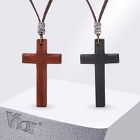 Vnox Vintage Wood Cross Pendant Necklace for Men Women Adjustable 44-86cm Leather Cord Christian Prayer Amulet Jewelry Gift