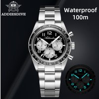 ADDIESDIVE 37mm Luxury Chronograph Quartz Watch for Men Stainless Steel Ceramic Bezel BGW9 Luminous Bubble Glass Watch