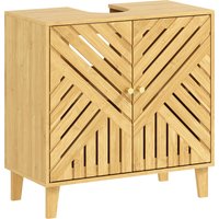 Homcom Bamboe wastafelmeubel met 2 lattenborddeuren en verstelbare plank voor wastafel zonder voetstuk 60X30X60 cm naturel
