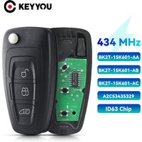 KEYYOU With Battery Aftermarket 3 Buttons 434MHz Flip Key For Ford Transit Custom 2014-2016 Remote Key BK2T-15K601-AA / AB / AC