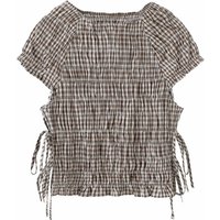 2026 Spring/Summer Women's Sweet Slimming Bow Tie Bubble Sleeve Folded Grid Poplin Top