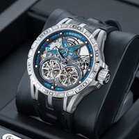 OBLVLO Men Automatic Watch 46MM Mechanical Wristwatch Skeleton Dual Flywheel Dial Luminous 50m Waterproof Mineral Mirror