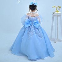 Princess Flower Girl Dresses for Wedding Blue Crystal Beading Long Sleeve Kids Birthday Party First Communion Gowns Custom