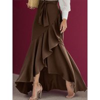 Women's Elegant Solid High Waist Mermaid Skirt Fashion Elastic Irregular Ruffle Long Skirt Casual Bow Tie Detail Maxi Skirt 2025