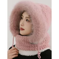 AliExpress Winter Plush Hat for Women Warm Thick Hood with Scarf Mask Ear Protection Windproof Thermal Cap for Outdoor Cycling Riding