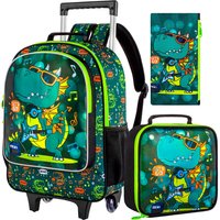 3Pcs Dinosaur Rolling Backpack for Boys, Kids School Backpacks with Wheels, Roller Bookbag with Lunch Box for Elementary